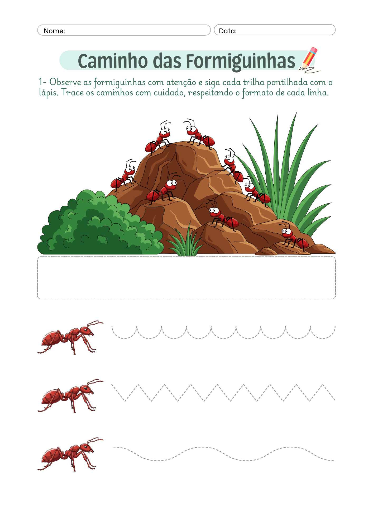 Folha de Atividade Caminho das Formigas Infantil Verde e Marrom