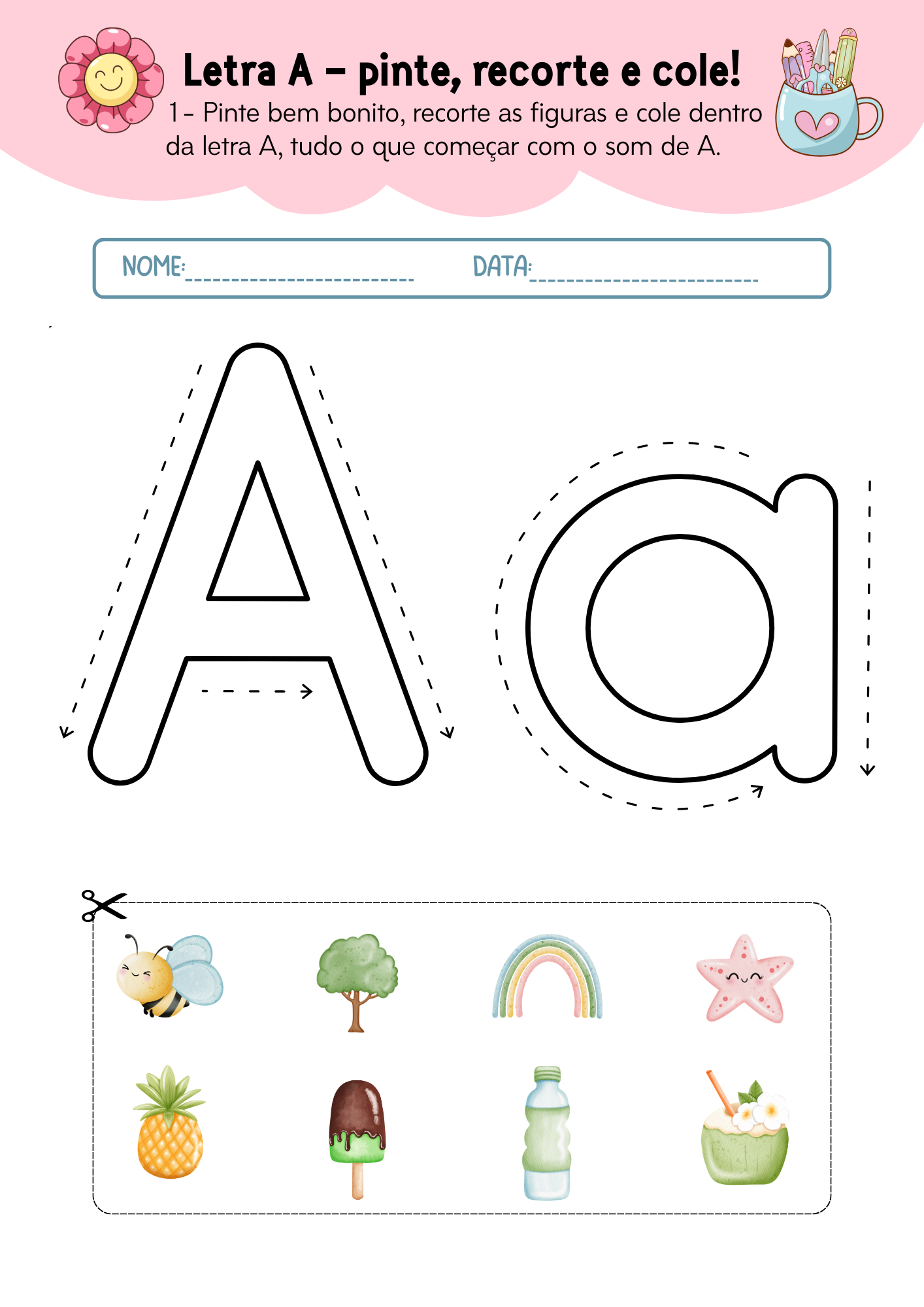 Folha de Atividade Letra A Ilustrado Rosa